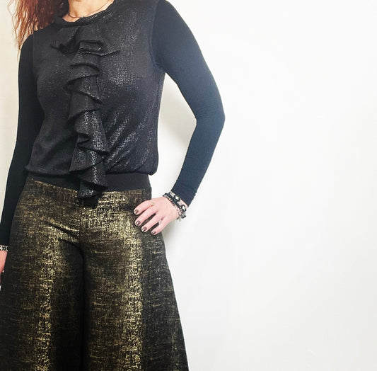 palazzo pant flare pant gold pants ladies apparel high waisted pant stylish clothing handmade in melbourne classy elegant clothing timeless pieces timeless clothing classic style unique clothing unique style ageless style luxe fabrics statement clothing statement style evening style clothing womens clothing made in australia eloise the label
