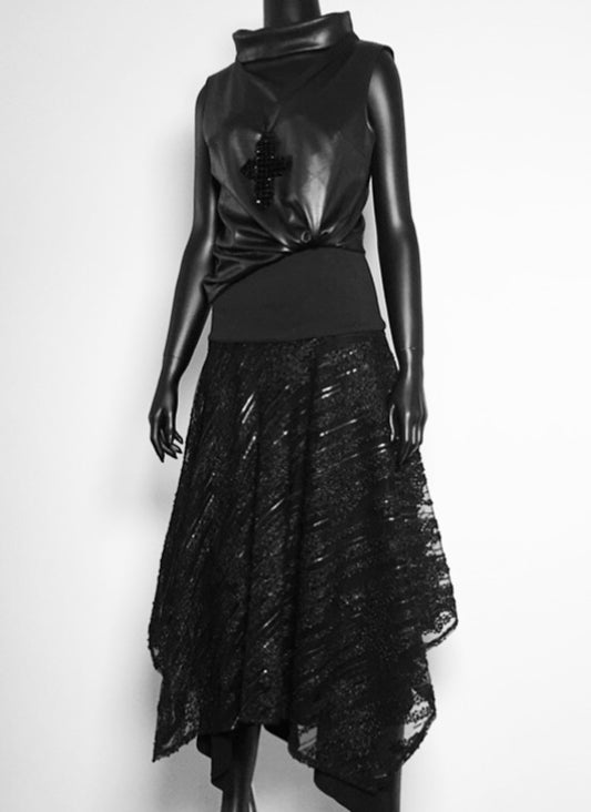 skirt ladies apparel sheer net with sequin stylish clothing handmade in melbourne classy elegant clothing timeless pieces timeless clothing classic style unique clothing unique style ageless style luxe fabrics black statement clothing statement style evening style clothing womens clothing made in australia eloise the label