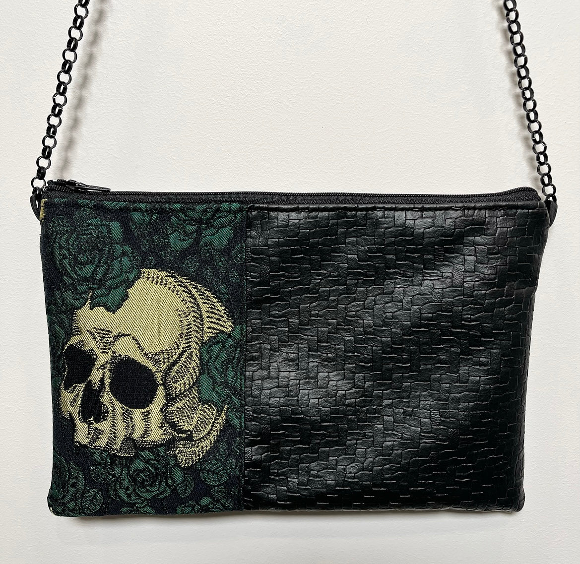 skulls and roses jacquard brocade bag handmade in melbourne shoulder bag evening purse fabric bag stylish bag unique bag statement accessories australian made bags eloise the label
