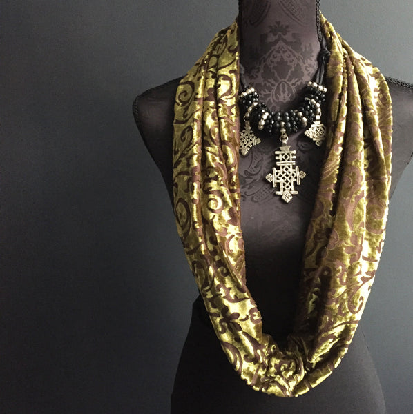 Eloise the label luxe velvet infinity scarf i olive and brown burnout velvet
