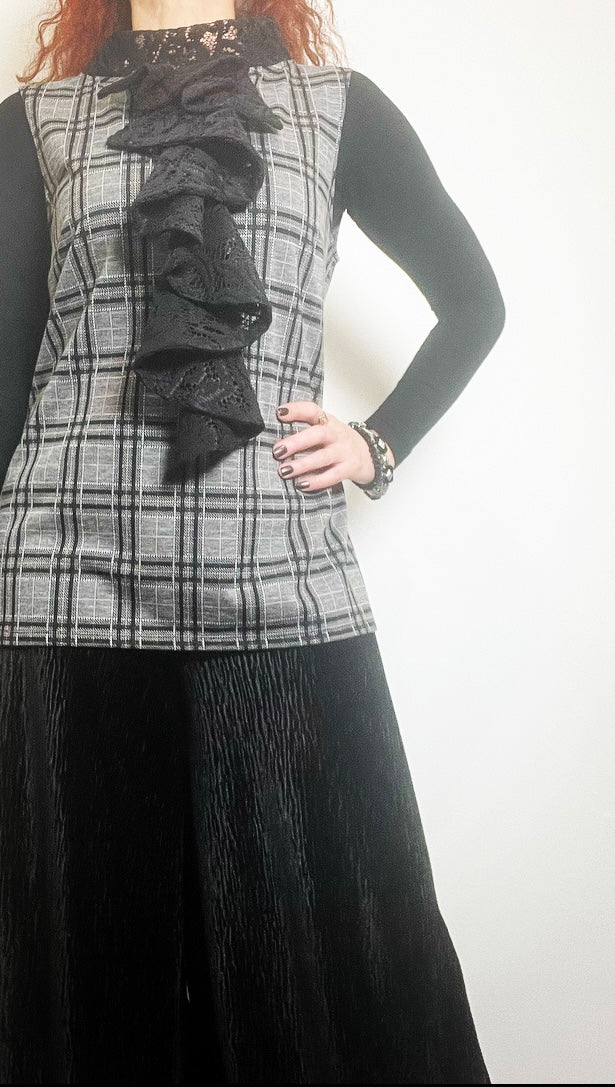 plaid and black lace ladies top apparel stylish clothing handmade in melbourne classy elegant clothing timeless pieces timeless clothing classic style unique clothing unique style ageless style luxe fabrics statement clothing statement style evening style clothing floral vest stand up collar womens clothing made in australia eloise the label