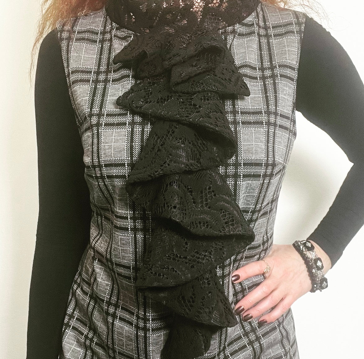 plaid and black lace ladies top apparel stylish clothing handmade in melbourne classy elegant clothing timeless pieces timeless clothing classic style unique clothing unique style ageless style luxe fabrics statement clothing statement style evening style clothing floral vest stand up collar womens clothing made in australia eloise the label