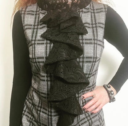 plaid and black lace ladies top apparel stylish clothing handmade in melbourne classy elegant clothing timeless pieces timeless clothing classic style unique clothing unique style ageless style luxe fabrics statement clothing statement style evening style clothing floral vest stand up collar womens clothing made in australia eloise the label