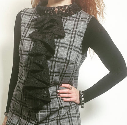 plaid and black lace ladies top apparel stylish clothing handmade in melbourne classy elegant clothing timeless pieces timeless clothing classic style unique clothing unique style ageless style luxe fabrics statement clothing statement style evening style clothing floral vest stand up collar womens clothing made in australia eloise the label