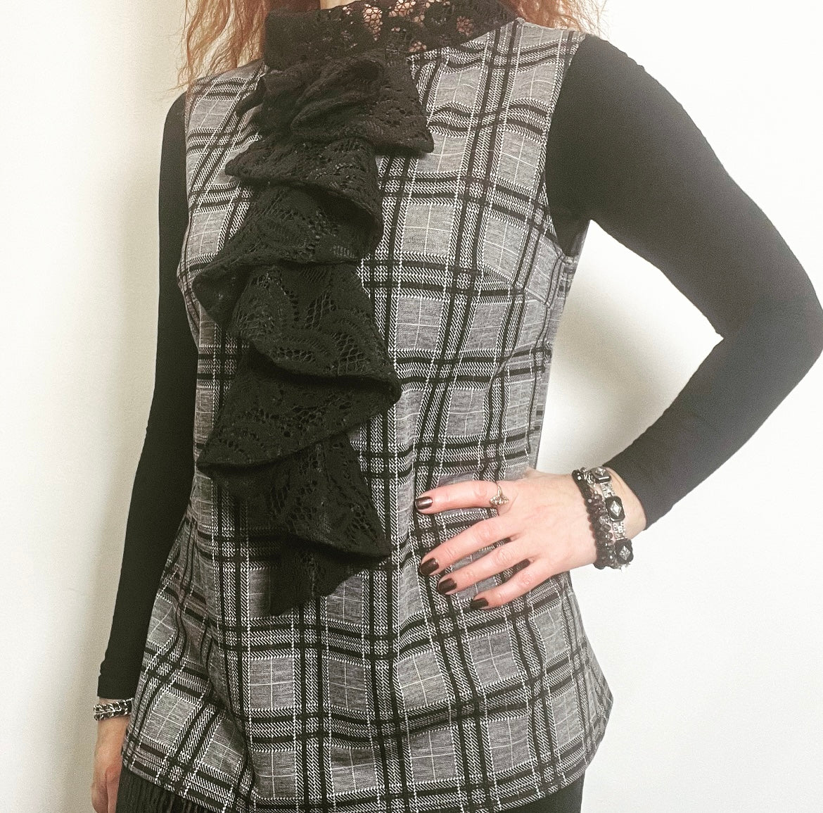 plaid and black lace ladies top apparel stylish clothing handmade in melbourne classy elegant clothing timeless pieces timeless clothing classic style unique clothing unique style ageless style luxe fabrics statement clothing statement style evening style clothing floral vest stand up collar womens clothing made in australia eloise the label