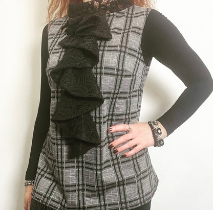 plaid and black lace ladies top apparel stylish clothing handmade in melbourne classy elegant clothing timeless pieces timeless clothing classic style unique clothing unique style ageless style luxe fabrics statement clothing statement style evening style clothing floral vest stand up collar womens clothing made in australia eloise the label