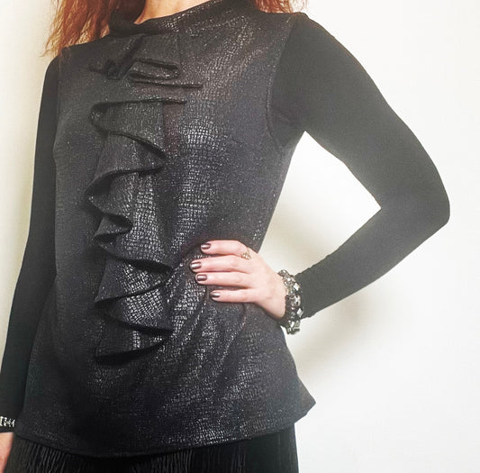 black faux snakeskin ladies top apparel stylish clothing handmade in melbourne classy elegant clothing timeless pieces timeless clothing classic style unique clothing unique style ageless style luxe fabrics statement clothing statement style evening style clothing floral vest stand up collar womens clothing made in australia eloise the label
