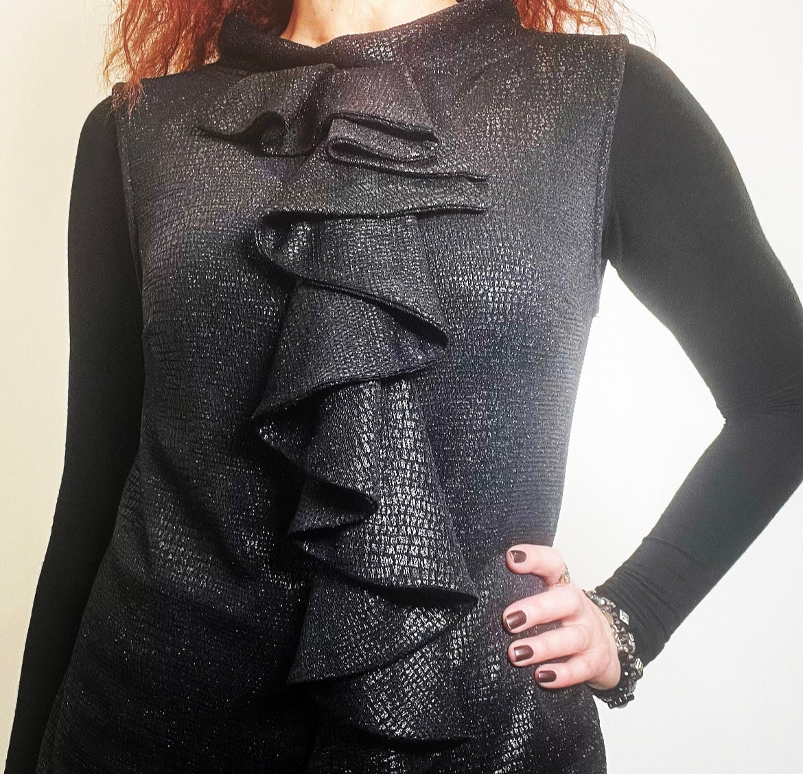 black faux snakeskin ladies top apparel stylish clothing handmade in melbourne classy elegant clothing timeless pieces timeless clothing classic style unique clothing unique style ageless style luxe fabrics statement clothing statement style evening style clothing floral vest stand up collar womens clothing made in australia eloise the label