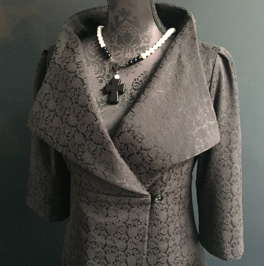 black jacquard womens coat dress ladies apparel stylish clothing handmade in melbourne classy elegant clothing timeless pieces timeless clothing classic style unique clothing unique style ageless style luxe fabrics statement clothing statement style evening style clothing black floral jacquard jacket womens clothing made in australia eloise the label