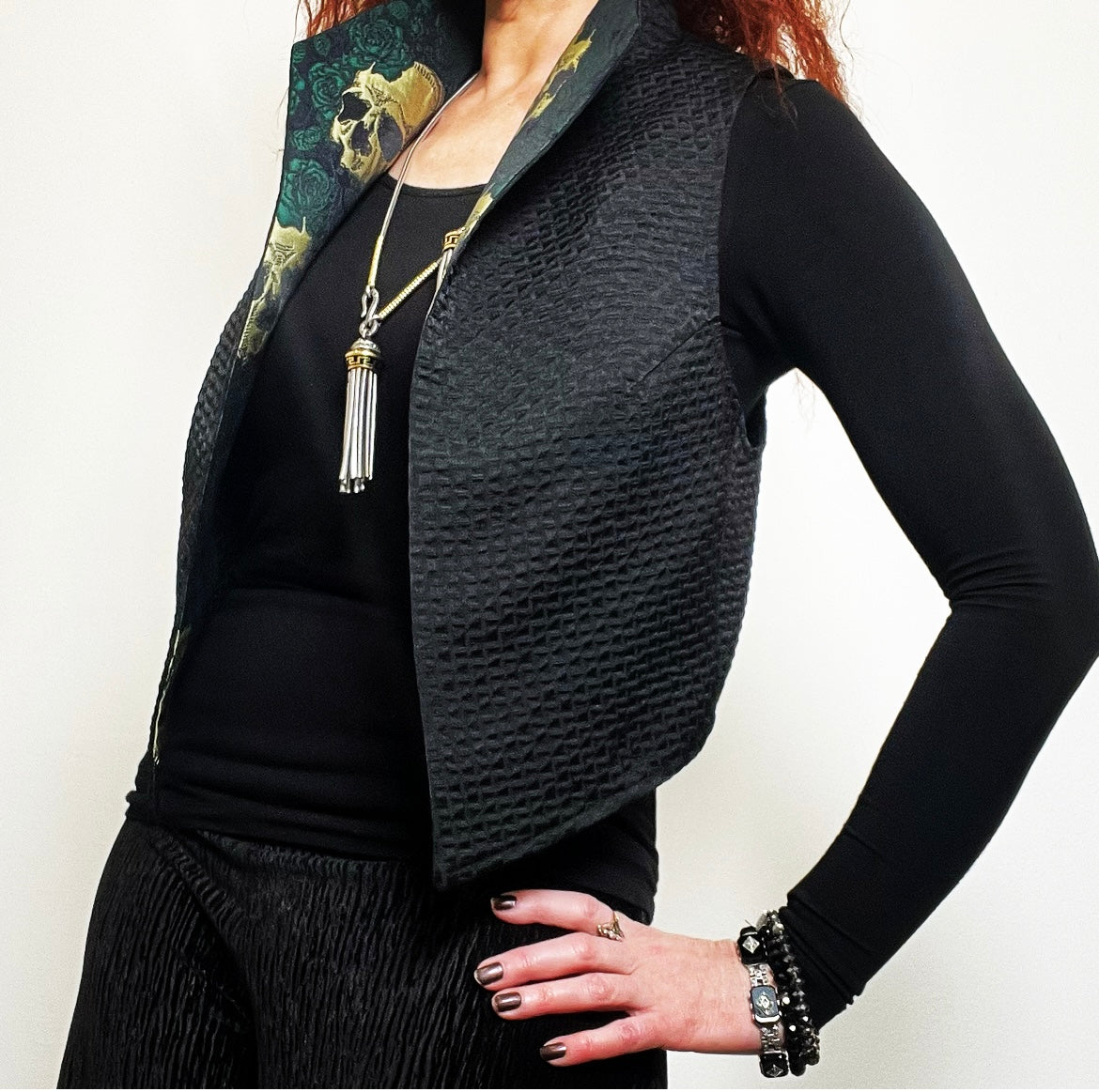 skulls and roses brocade vest ladies apparel stylish clothing handmade in melbourne classy elegant clothing timeless pieces timeless clothing classic style unique clothing unique style ageless style luxe fabrics statement clothing statement style evening style clothing floral vest stand up collar womens clothing made in australia eloise the label