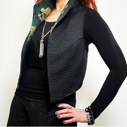 skulls and roses brocade vest ladies apparel stylish clothing handmade in melbourne classy elegant clothing timeless pieces timeless clothing classic style unique clothing unique style ageless style luxe fabrics statement clothing statement style evening style clothing floral vest stand up collar womens clothing made in australia eloise the label