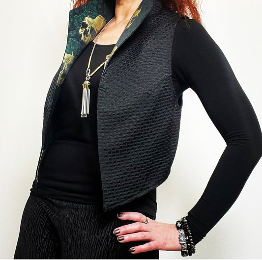 skulls and roses brocade vest ladies apparel stylish clothing handmade in melbourne classy elegant clothing timeless pieces timeless clothing classic style unique clothing unique style ageless style luxe fabrics statement clothing statement style evening style clothing floral vest stand up collar womens clothing made in australia eloise the label