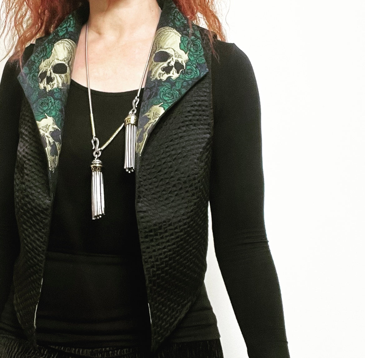 skulls and roses brocade vest ladies apparel stylish clothing handmade in melbourne classy elegant clothing timeless pieces timeless clothing classic style unique clothing unique style ageless style luxe fabrics statement clothing statement style evening style clothing floral vest stand up collar womens clothing made in australia eloise the label