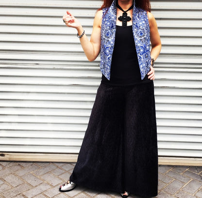 womens vest ladies apparel stylish clothing handmade in melbourne classy elegant clothing timeless pieces timeless clothing classic style unique clothing unique style ageless style luxe fabrics statement clothing statement style evening style clothing stand up collar blue vest womens clothing made in australia eloise the label