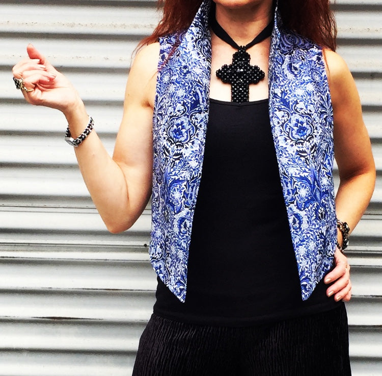 womens vest ladies apparel stylish clothing handmade in melbourne classy elegant clothing timeless pieces timeless clothing classic style unique clothing unique style ageless style luxe fabrics statement clothing statement style evening style clothing stand up collar blue vest womens clothing made in australia eloise the label