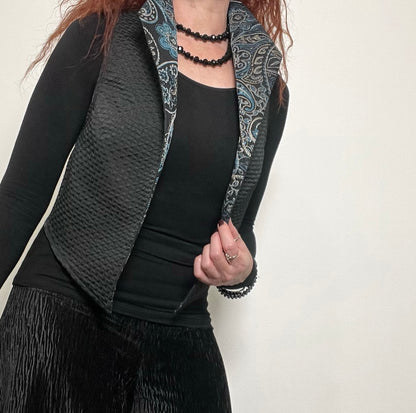 brocade vest ladies apparel stylish clothing handmade in melbourne classy elegant clothing timeless pieces timeless clothing classic style unique clothing unique style ageless style luxe fabrics statement clothing statement style evening style clothing floral vest stand up collar womens clothing made in australia eloise the label
