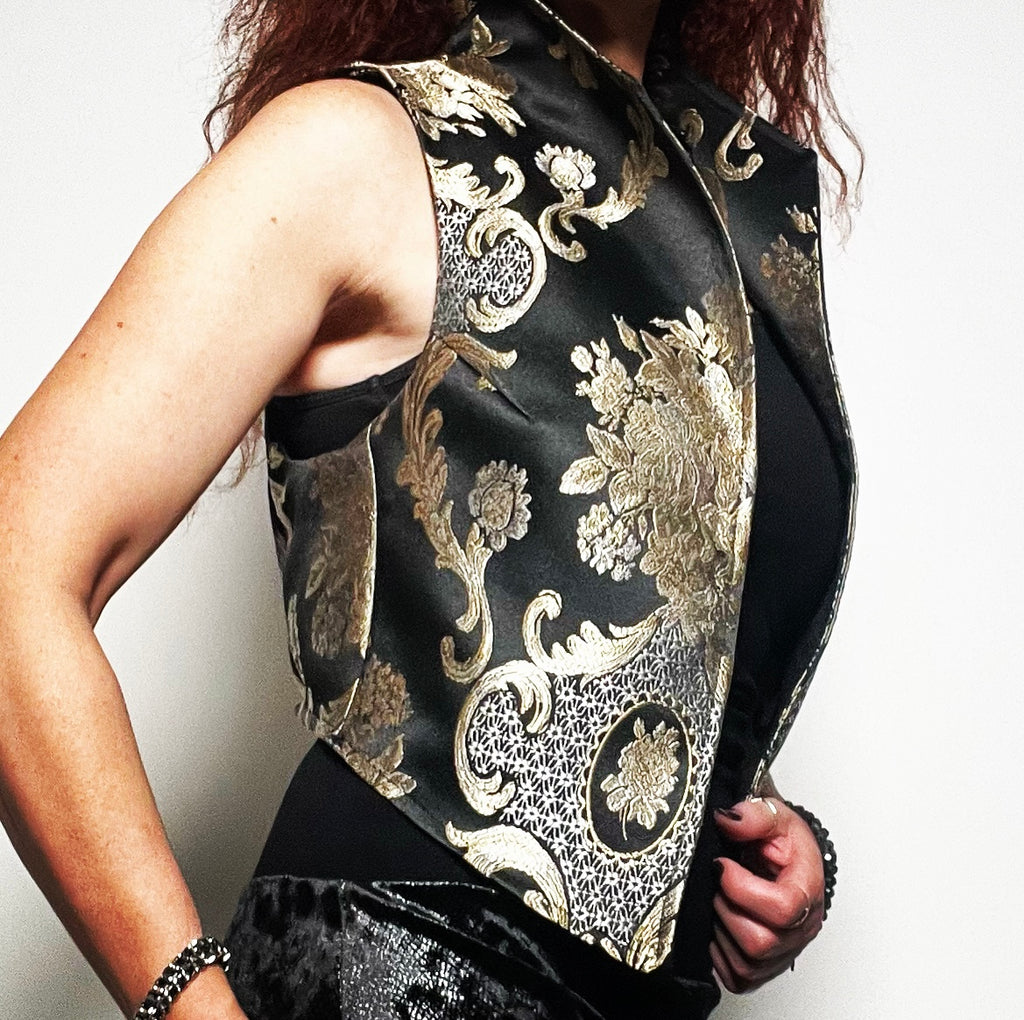 brocade vest ladies apparel black and gold brocade stylish clothing handmade in melbourne classy elegant clothing timeless pieces timeless clothing classic style unique clothing unique style ageless style luxe fabrics statement clothing statement style evening style clothing floral vest stand up collar womens clothing made in australia eloise the label