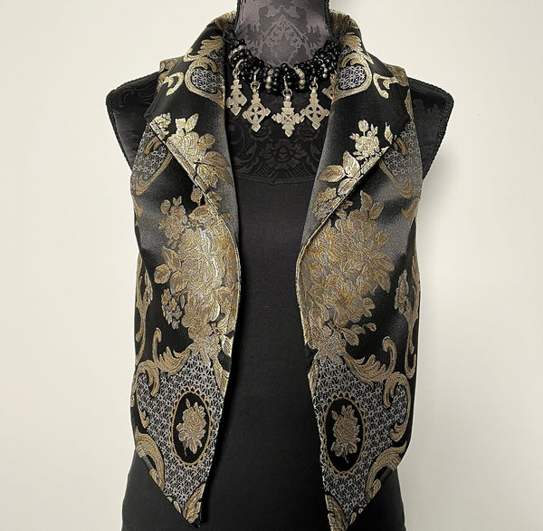 brocade vest ladies apparel black and gold brocade stylish clothing handmade in melbourne classy elegant clothing timeless pieces timeless clothing classic style unique clothing unique style ageless style luxe fabrics statement clothing statement style evening style clothing floral vest stand up collar womens clothing made in australia eloise the label
