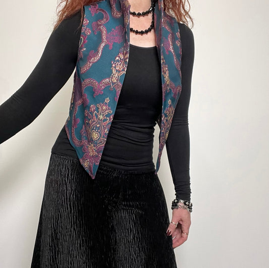 brocade vest ladies apparel stylish clothing handmade in melbourne classy elegant clothing timeless pieces timeless clothing classic style unique clothing unique style ageless style luxe fabrics statement clothing statement style evening style clothing floral vest stand up collar womens clothing made in australia eloise the label
