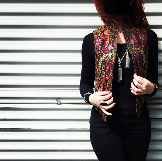 womens vest ladies apparel stylish clothing tapestry vest handmade in melbourne classy elegant clothing timeless pieces timeless clothing classic style unique clothing unique style ageless style luxe fabrics statement clothing statement style evening style clothing stand up collar womens clothing made in australia eloise the label