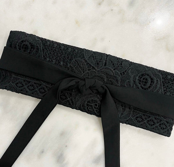 Black lace obi belt handmade in melbourne timeless style eloise the label