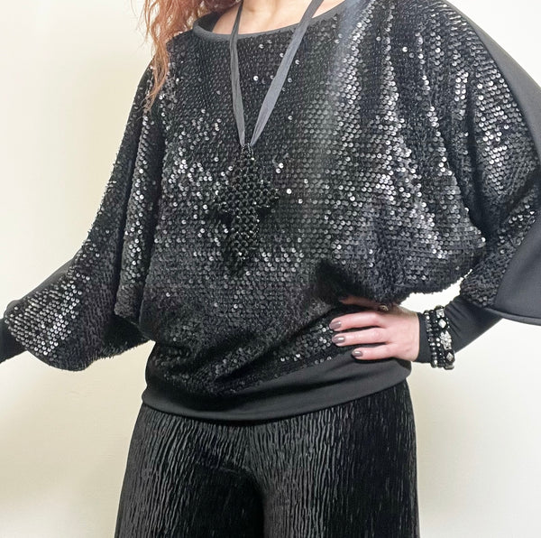 black velvet sequins top ladies top one of a kind womens apparel batwing sleeve stylish clothing handmade in melbourne classy elegant clothing timeless pieces timeless clothing classic style unique clothing unique style ageless style luxe fabrics statement clothing statement style clothing womens clothing made in australia eloise the label