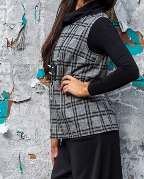 plaid top ladies apparel black and grey check stylish clothing handmade in melbourne classy elegant clothing timeless pieces timeless clothing classic style unique clothing unique style ageless style luxe fabrics statement clothing statement style clothing womens clothing made in australia eloise the label