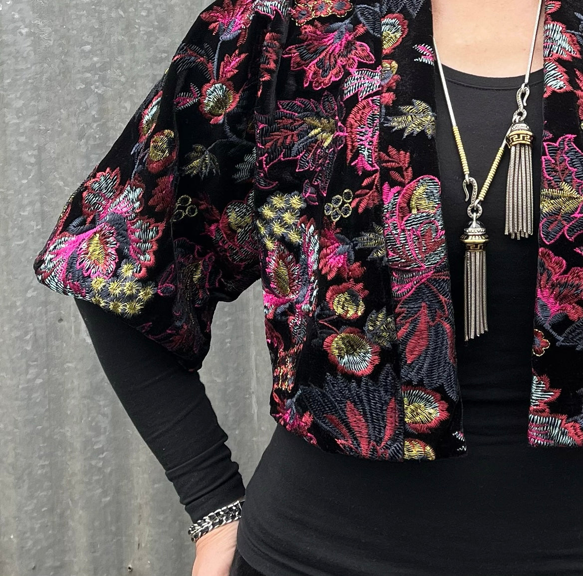 Bolero jacket Floral embroidered black velvet evening coat stylish clothing evening wear handmade in melbourne classy elegant clothing timeless clothing classic style unique clothing unique style ageless style luxe fabrics womens clothing made in melbourne australia eloise the label