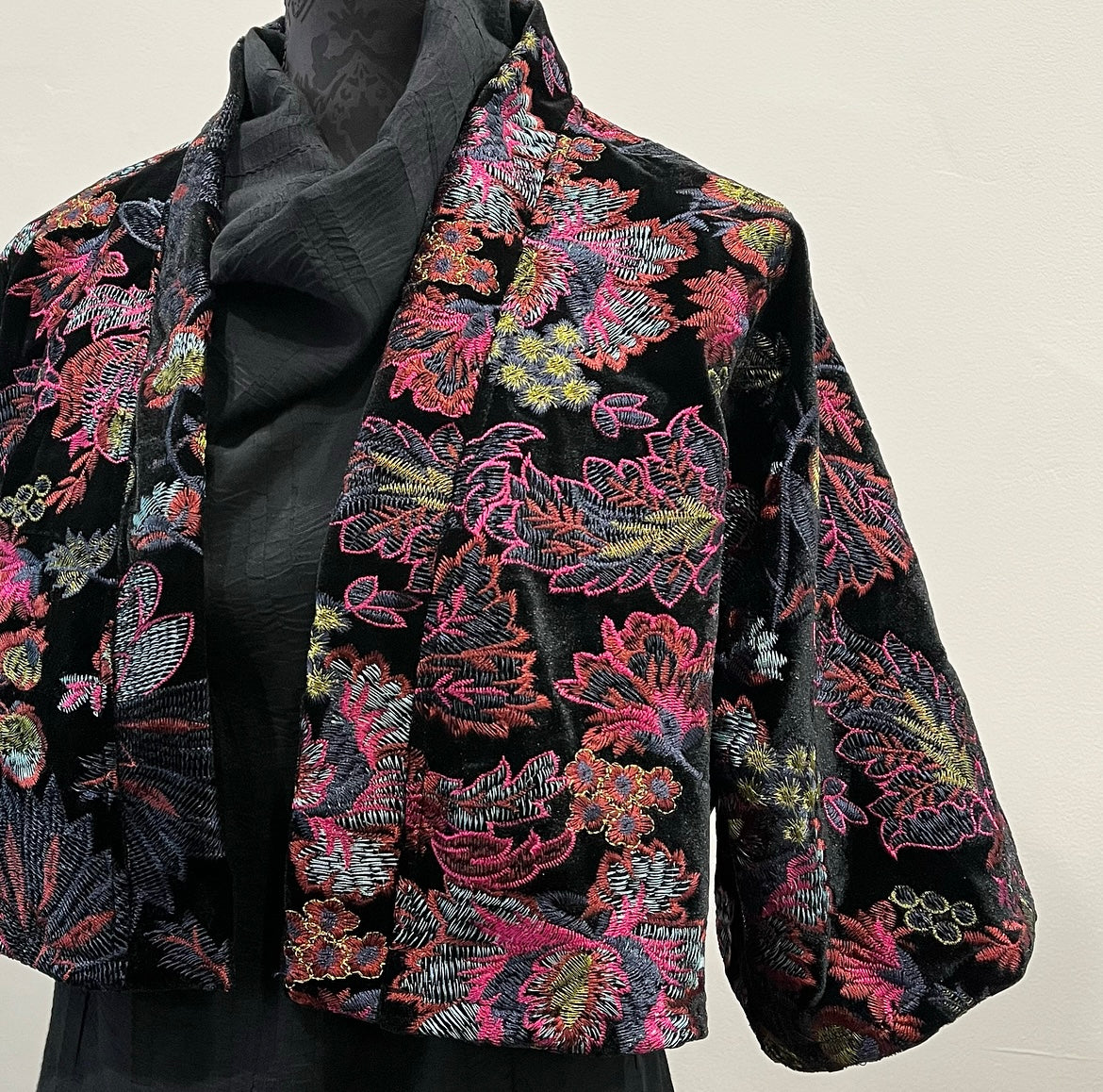 Bolero jacket Floral embroidered black velvet evening coat stylish clothing evening wear handmade in melbourne classy elegant clothing timeless clothing classic style unique clothing unique style ageless style luxe fabrics womens clothing made in melbourne australia eloise the label