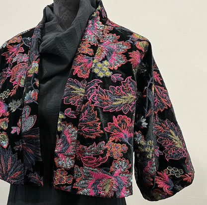 Bolero jacket Floral embroidered black velvet evening coat stylish clothing evening wear handmade in melbourne classy elegant clothing timeless clothing classic style unique clothing unique style ageless style luxe fabrics womens clothing made in melbourne australia eloise the label
