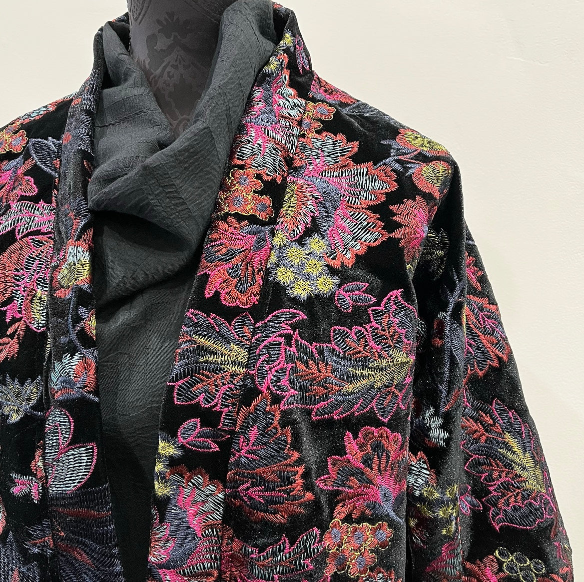 Bolero jacket Floral embroidered black velvet evening coat stylish clothing evening wear handmade in melbourne classy elegant clothing timeless clothing classic style unique clothing unique style ageless style luxe fabrics womens clothing made in melbourne australia eloise the label