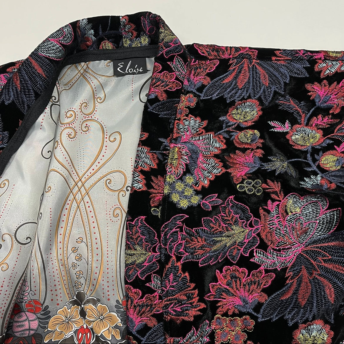 Bolero jacket Floral embroidered black velvet evening coat stylish clothing evening wear handmade in melbourne classy elegant clothing timeless clothing classic style unique clothing unique style ageless style luxe fabrics womens clothing made in melbourne australia eloise the label
