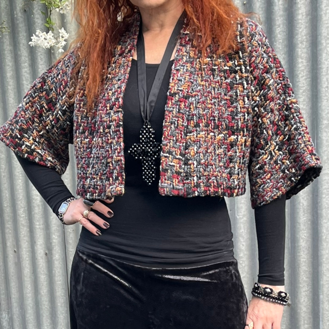womens bolero jacket ladies apparel stylish clothing handmade in melbourne classy elegant clothing timeless pieces timeless clothing classic style unique clothing unique style ageless style luxe fabrics statement clothing statement style evening style clothing womens plaid jacket  clothing made in australia eloise the label