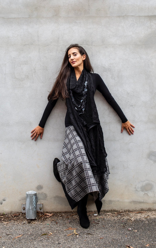 skirt ladies apparel plaid skirt stylish clothing handmade in melbourne classy elegant clothing timeless pieces timeless clothing classic style unique clothing unique style ageless style luxe fabrics black statement clothing statement style evening style clothing womens clothing made in australia eloise the label