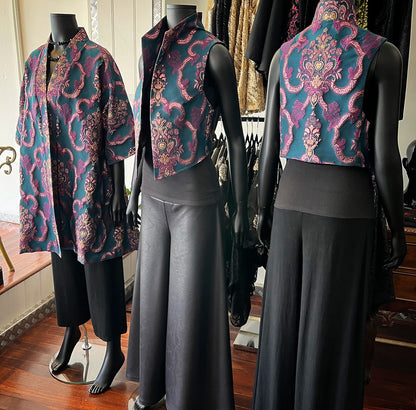 brocade vest ladies apparel stylish clothing handmade in melbourne classy elegant clothing timeless pieces timeless clothing classic style unique clothing unique style ageless style luxe fabrics statement clothing statement style evening style clothing floral vest stand up collar womens clothing made in australia eloise the label